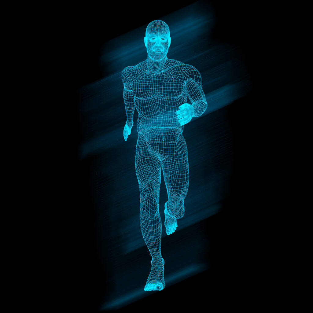 3d male figure in running pose with wireframe design